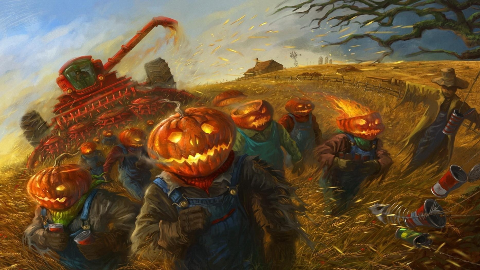 Wallpaper Halloween Field Horror Jack O’ Lantern Art - Halloween Field Jack O Lantern - HD Wallpaper 