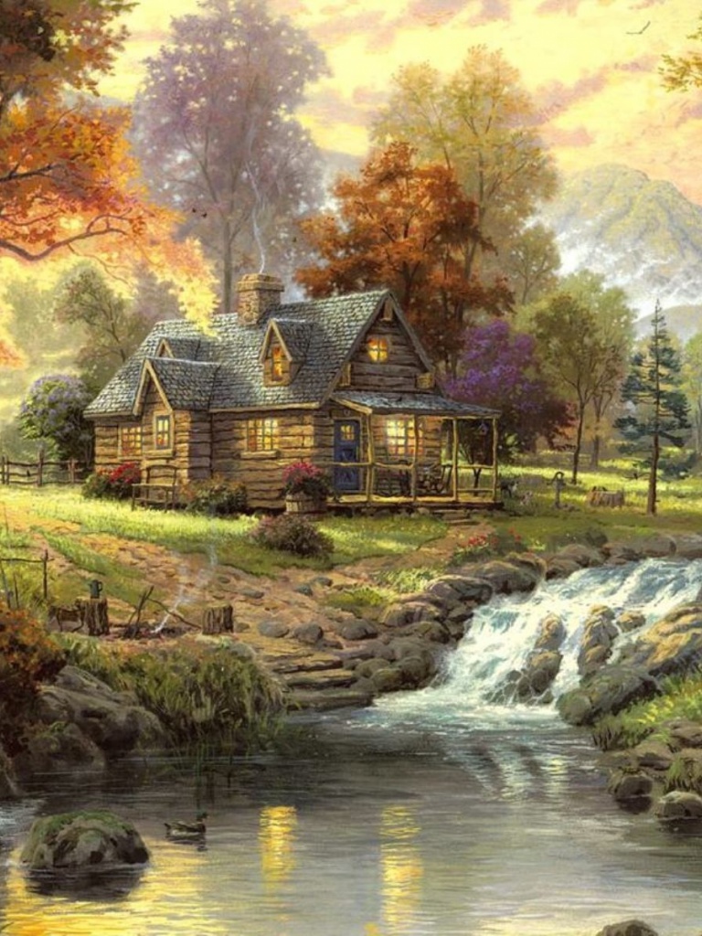 Cottage In Mountain Paintings - HD Wallpaper 