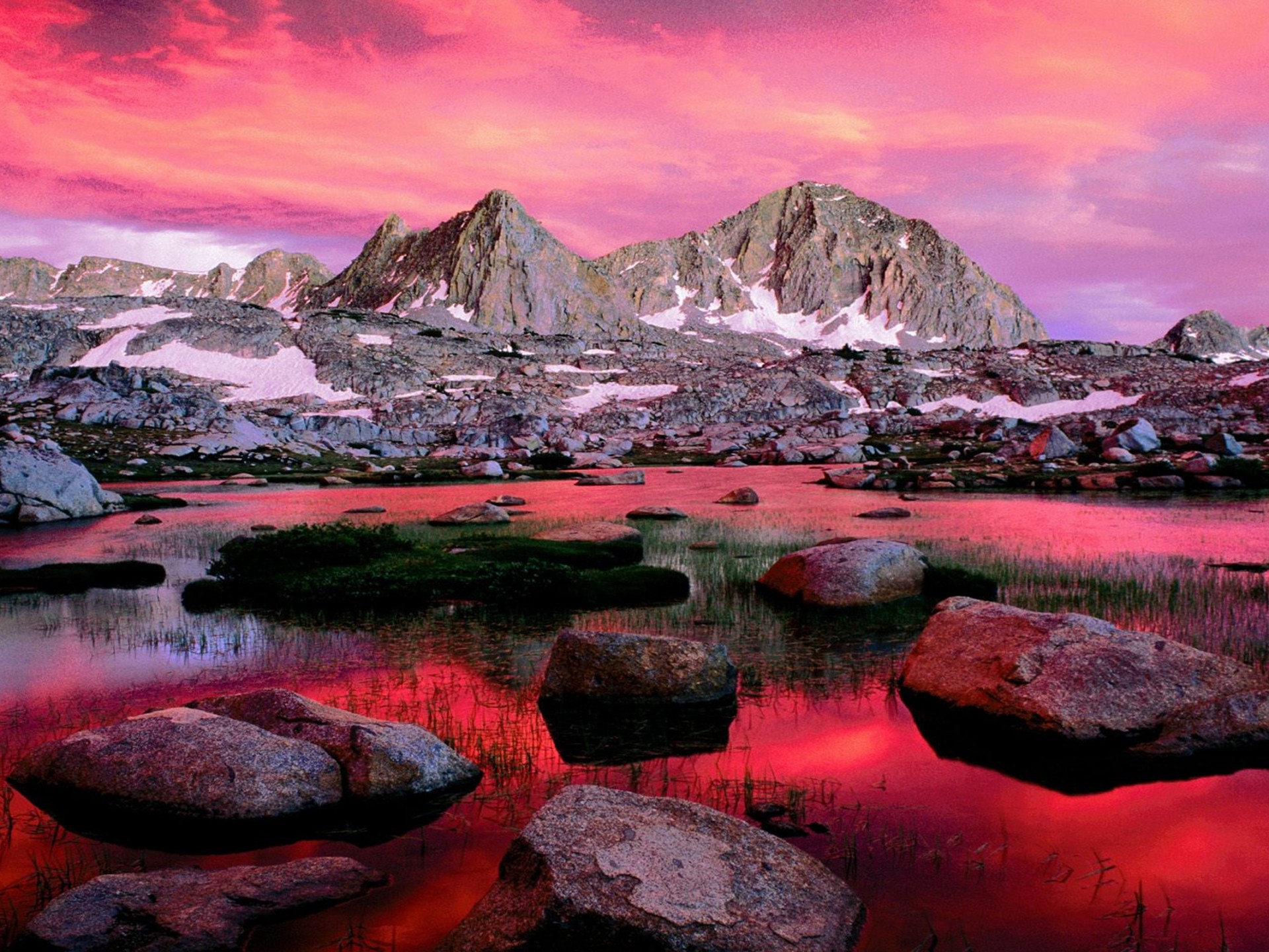 Pink Water And Mountains - HD Wallpaper 