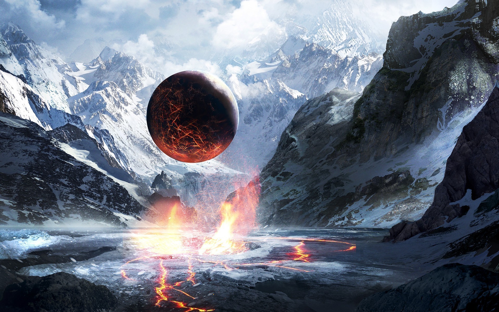 Mountain, Snow, Artwork, Fantasy Art, Sphere, Lava - Fantasy Planet Art - HD Wallpaper 