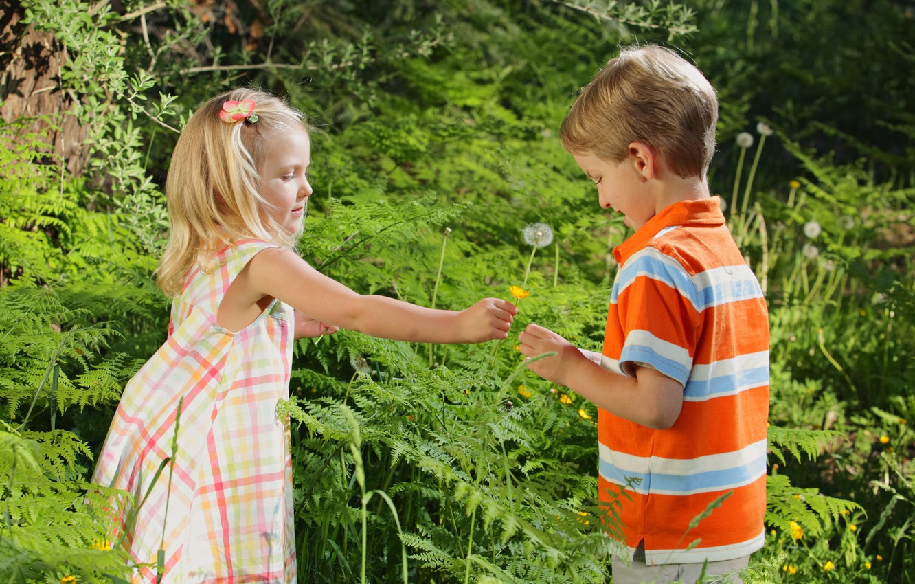 Photo Wallpaper Flower, Grass, Love, Children, Childhood, - Girl Giving Flowers To Boy - HD Wallpaper 