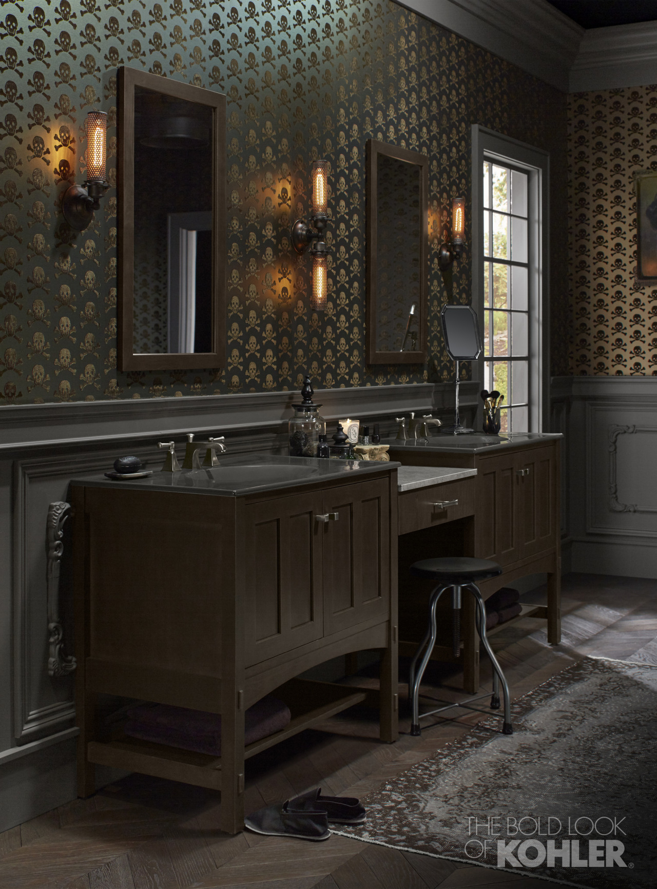 Dual Vanities Joined By A Counter Create A Convenient - Beware The Moon Skull - HD Wallpaper 