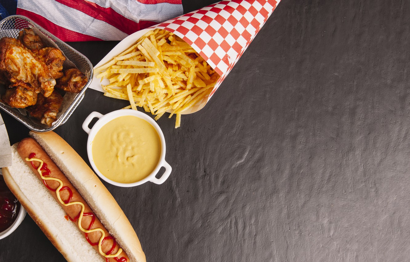 Photo Wallpaper Wings, Sauce, Ketchup, Fast Food, Fries, - Hot Dog Wings And Fries - HD Wallpaper 
