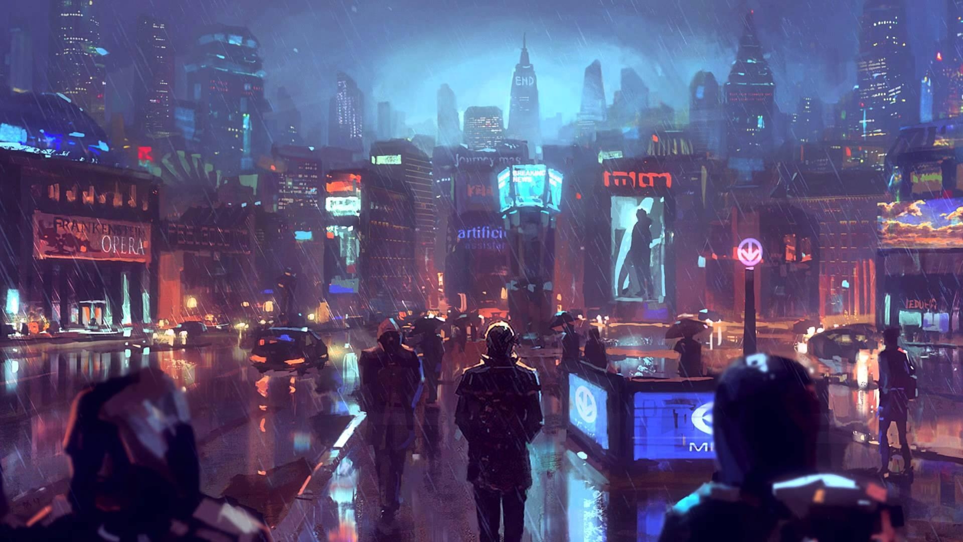 Cyberpunk City, Sci-fi, Raining, People, Skyscrapers - Cyberpunk Hd - HD Wallpaper 