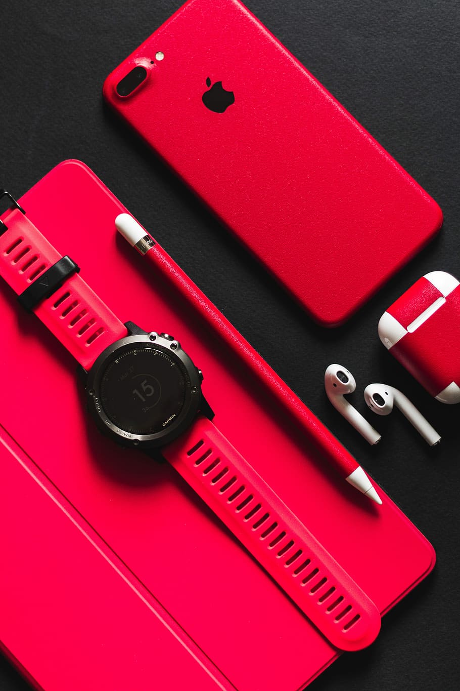 Smartwatch, Stylus, Airpods, And Product Red Iphone - Iphone Xr Red And Airpods - HD Wallpaper 
