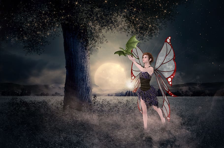 Fairy Holding Baby Dragon Near Tree Digital Wallpaper, - Super Worm Moon 2019 - HD Wallpaper 