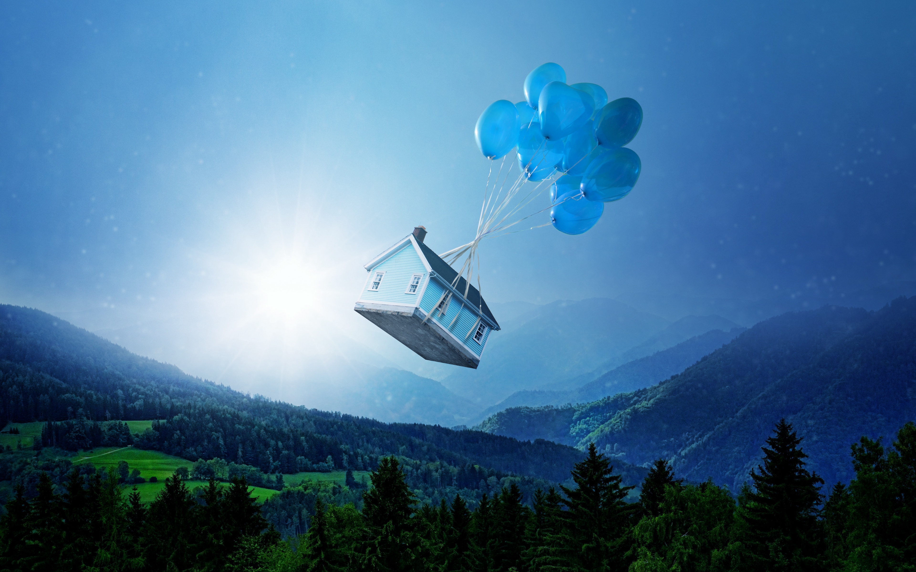 Wallpaper Balloons, House, Flight, Fantasy, Forest - Fantasy Forest Wallpaper For Ipad - HD Wallpaper 