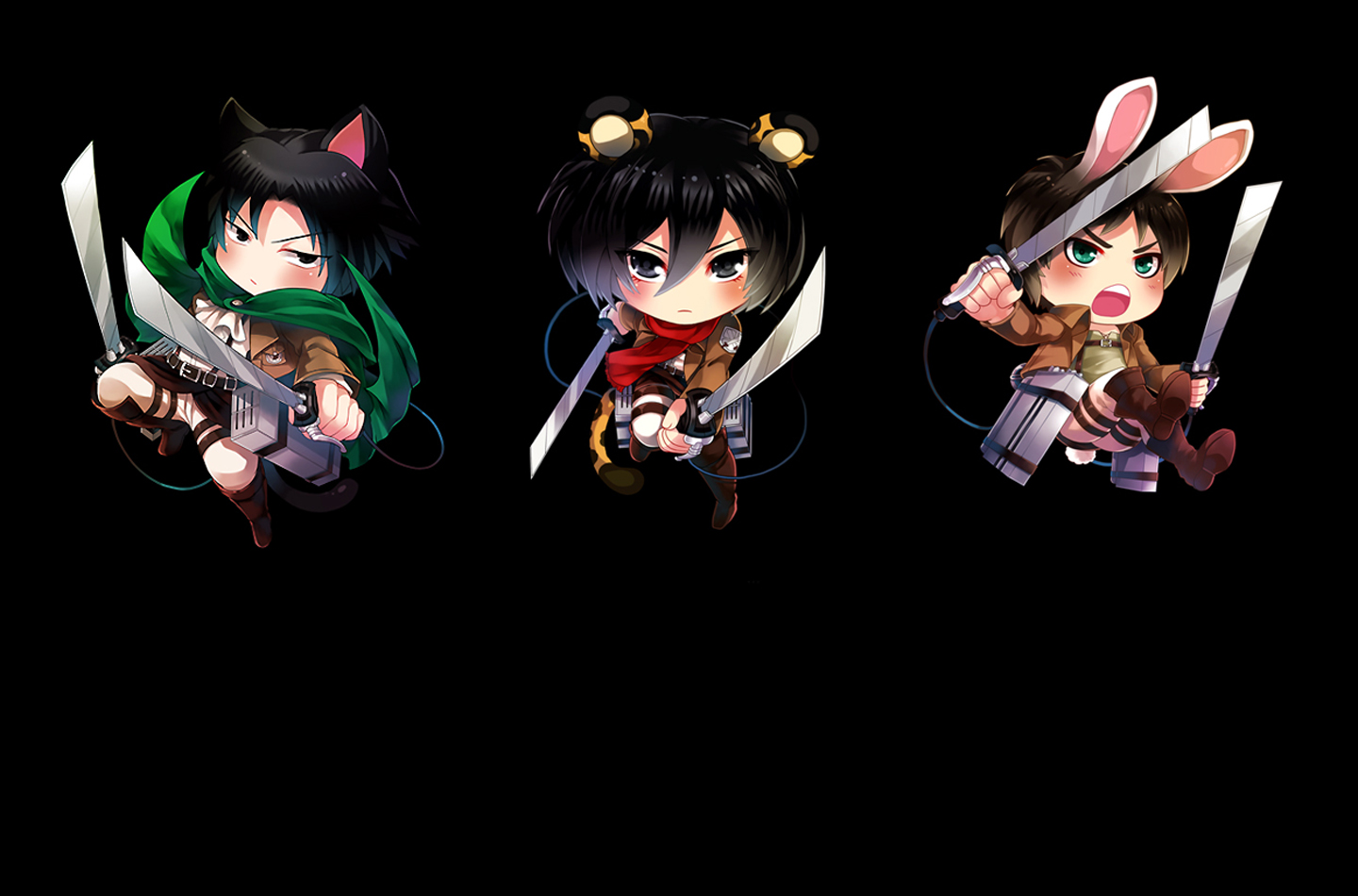 Chibi Levi Mikasa Ackerman Eren Jaeger Attack On Titan - Attack On Titan Black Background - HD Wallpaper 