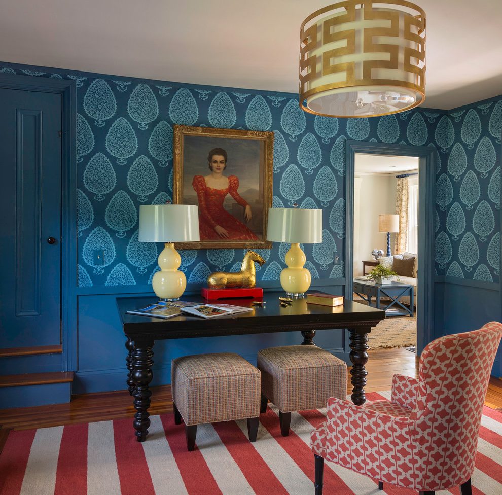 Gold Drum Pendant Light And Blue Wainscoting Blue Wainscoting - Interior Design - HD Wallpaper 