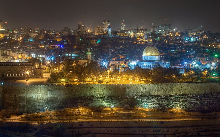 Dome, Rock City Landscape Wallpaper, Israel, Jerusalem, - Jerusalem At Night - HD Wallpaper 