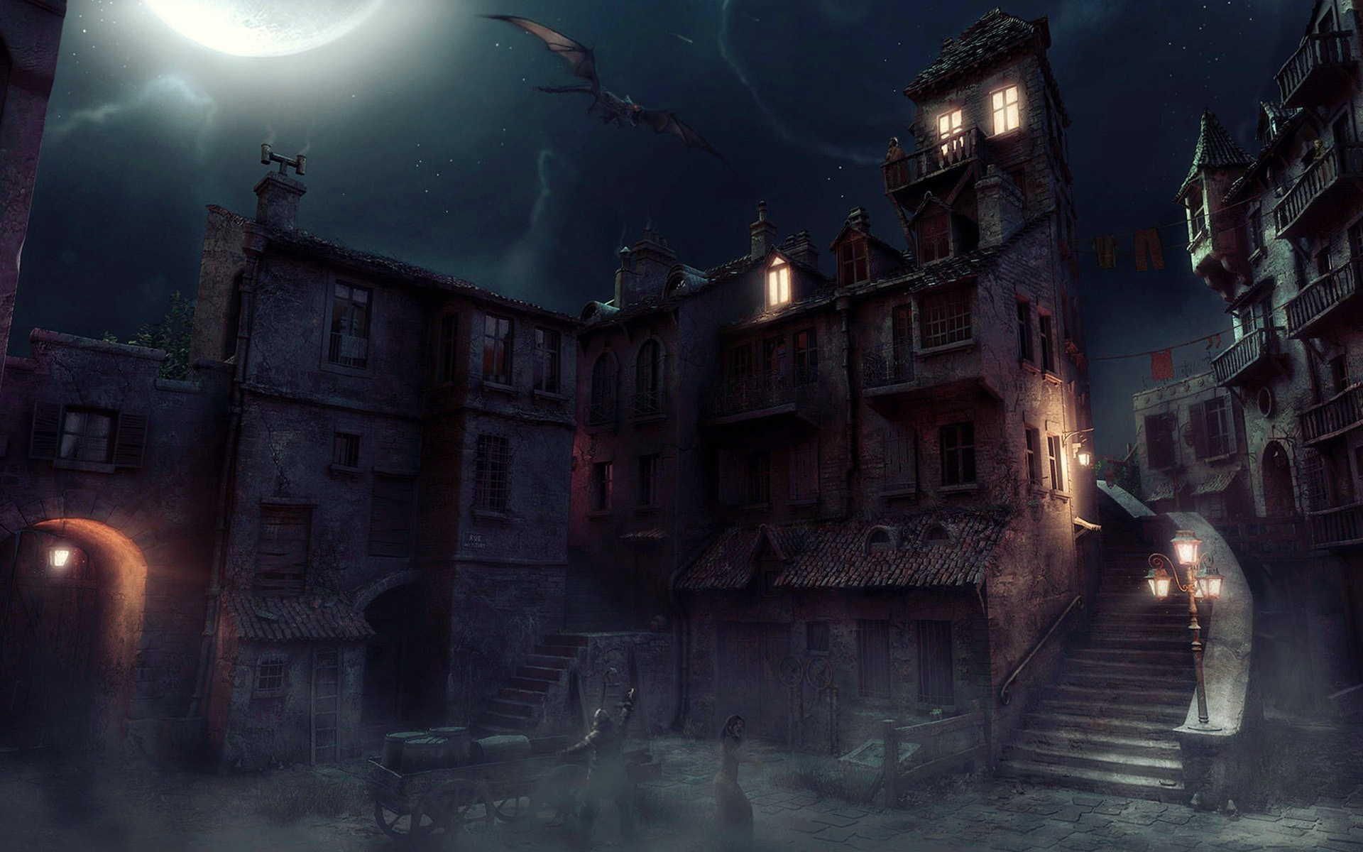 Night Time Town Fantasy - HD Wallpaper 