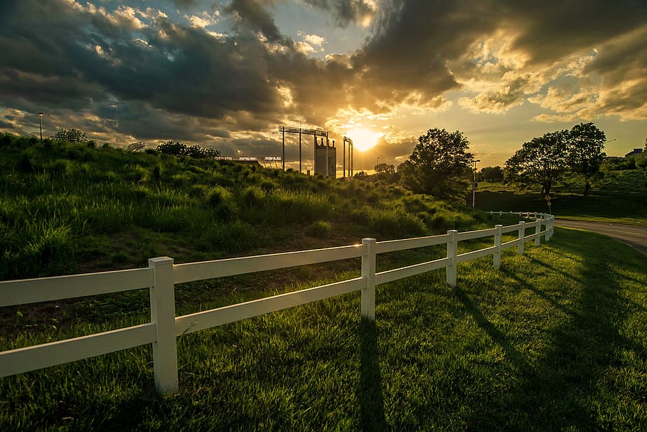 Kauffman Stadium, Sun, Clouds, Kansas City, Royals, Splitrail Fence