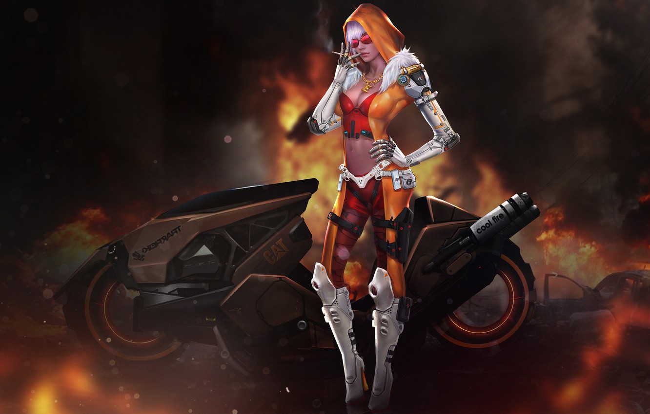 Photo Wallpaper Girl, Fire, Girl, Bike, Motorcycle, - Fantasy Gangster Art - HD Wallpaper 
