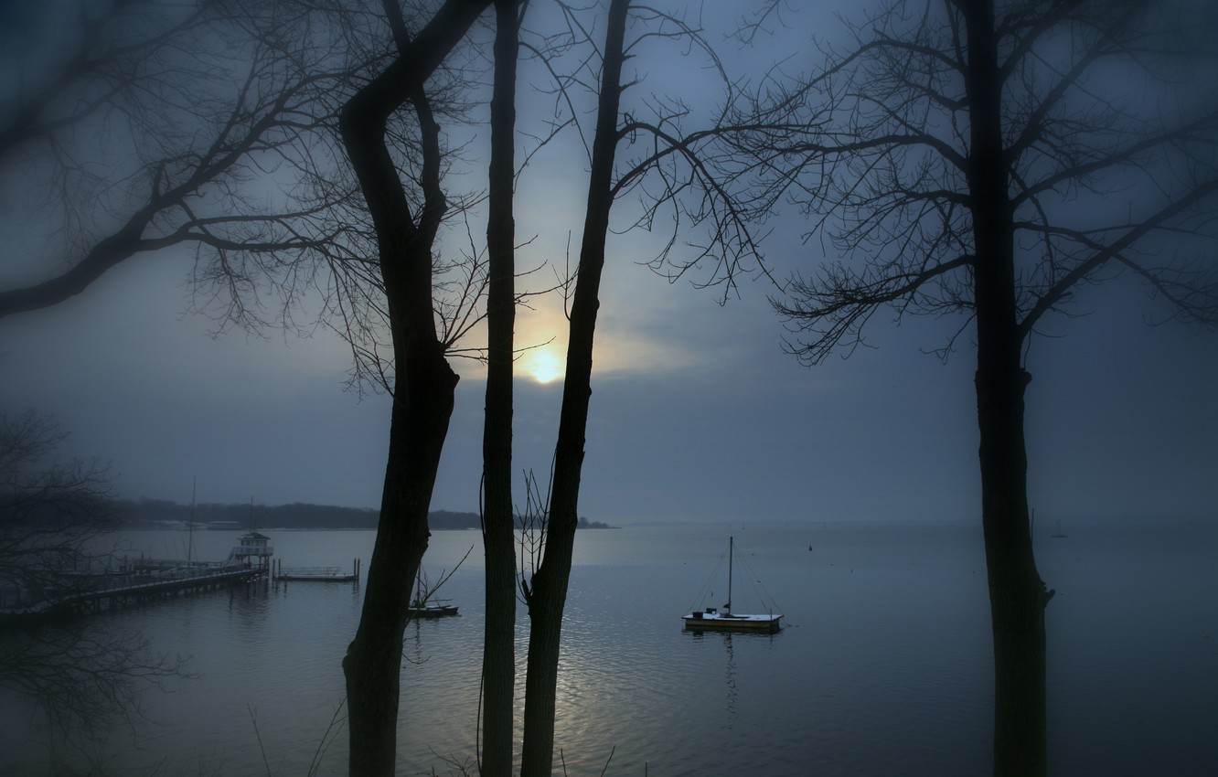 Photo Wallpaper Trees, Landscape, Sunset, Winter, Lake, - Wallpaper - HD Wallpaper 