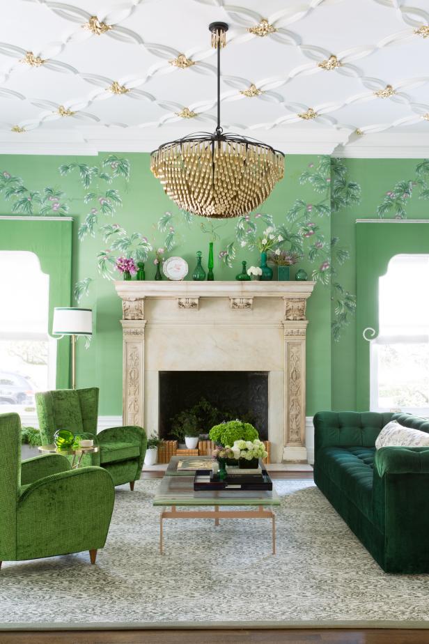 Eclectic Green Living Room With Wallpaper And Gold Feature Wall In