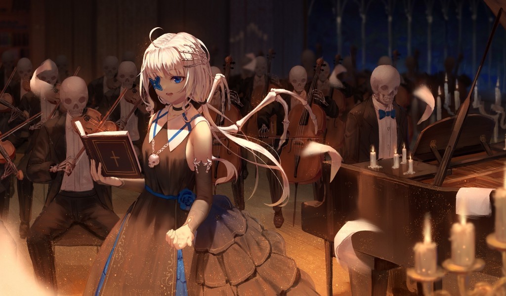 Anime Girl, Skeleton Orchestra, White Hair, Instruments, - Anime Girl's Skeleton - 1024x600 Wallpaper Anime Girl, Skeleton Orchestra, White Hair, Instruments, - Anime Girl's Skeleton - 1024x600 Wallpaper