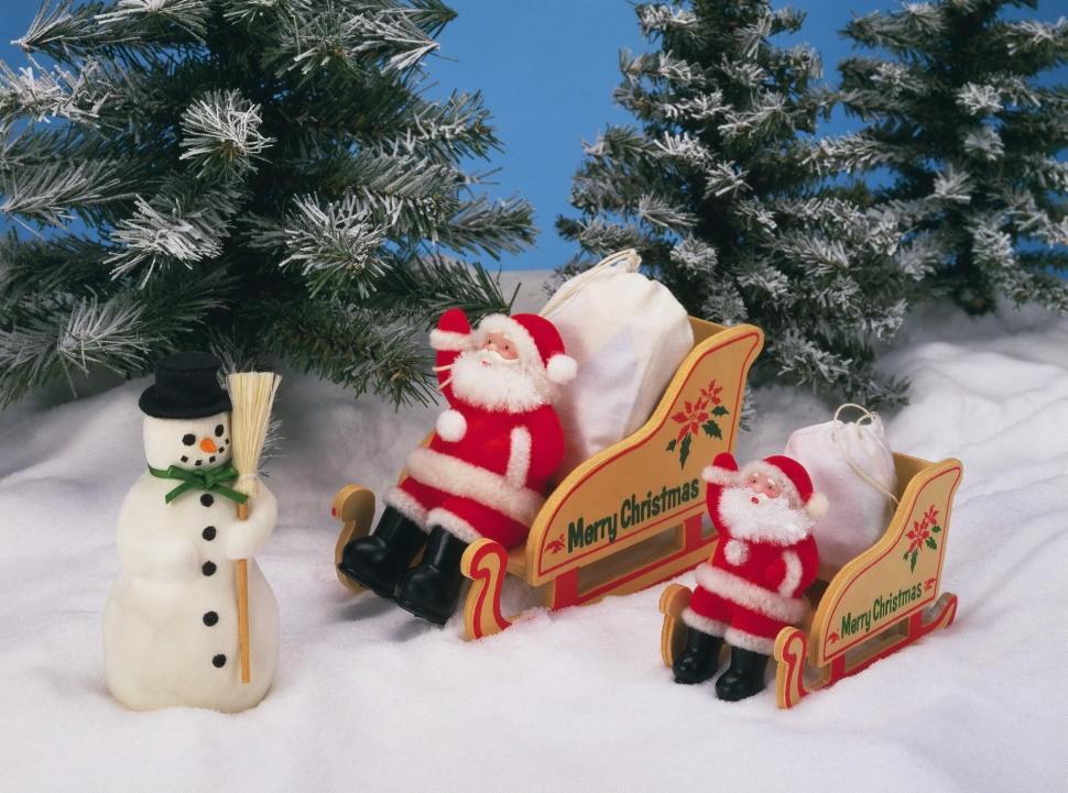 Santa Claus, Sleigh, Snowman, Christmas Tree, Christmas - HD Wallpaper 