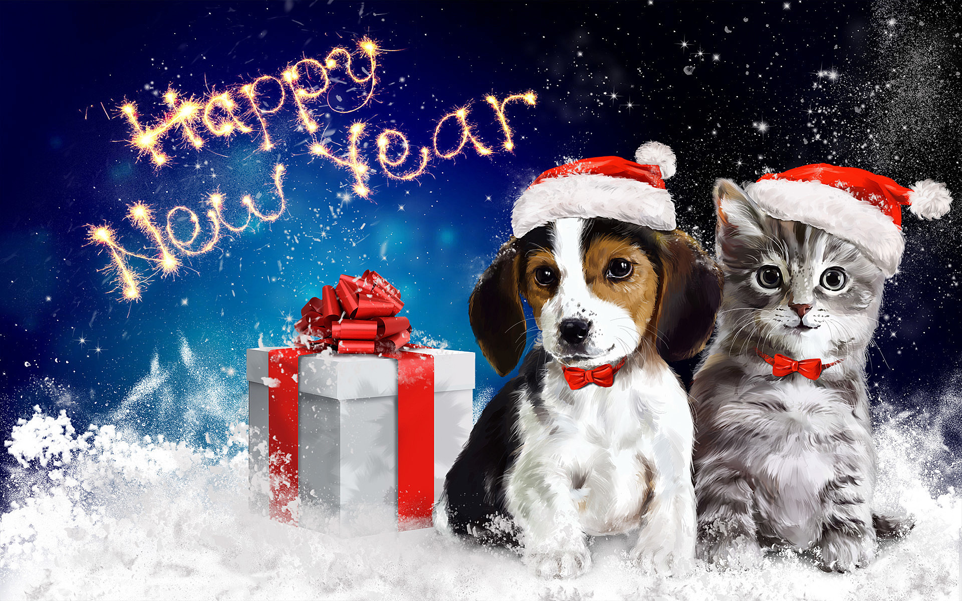 Happy Puppy And Kitten In The New Year Wallpapers The - Happy New Year With Animals - HD Wallpaper 