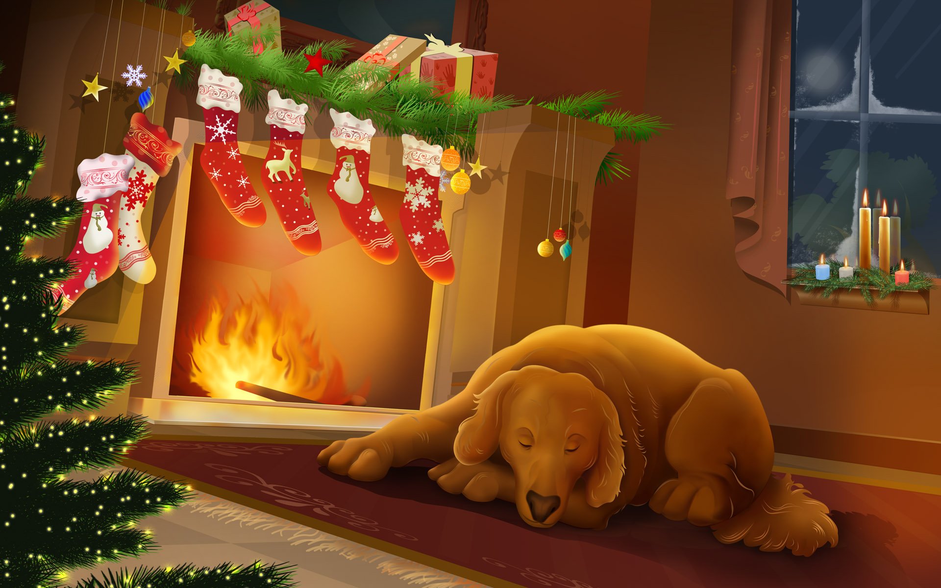 Dog Fireplace Christmas - HD Wallpaper 