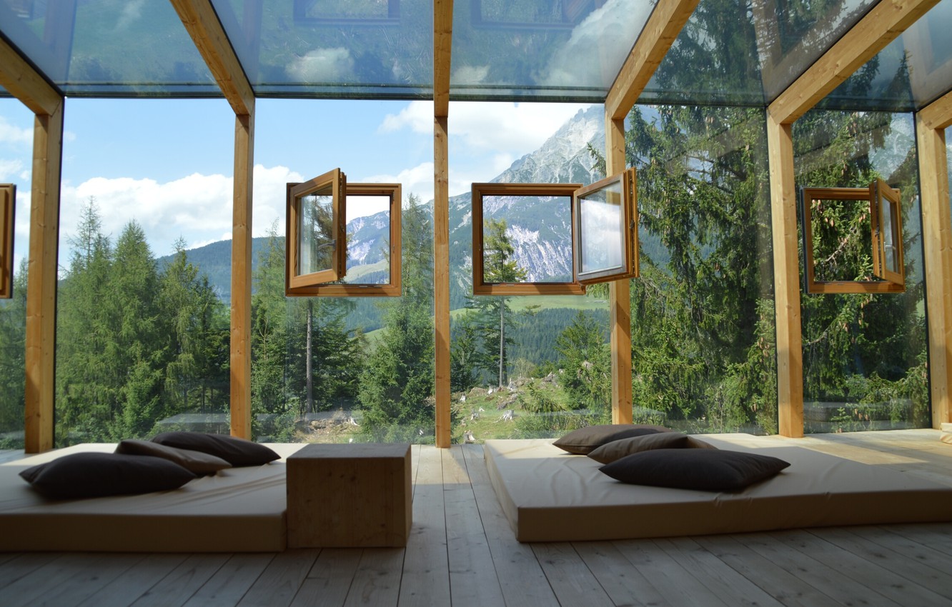 Photo Wallpaper Glass, Landscape, Mountains, Room, - Spa Montagna - HD Wallpaper 