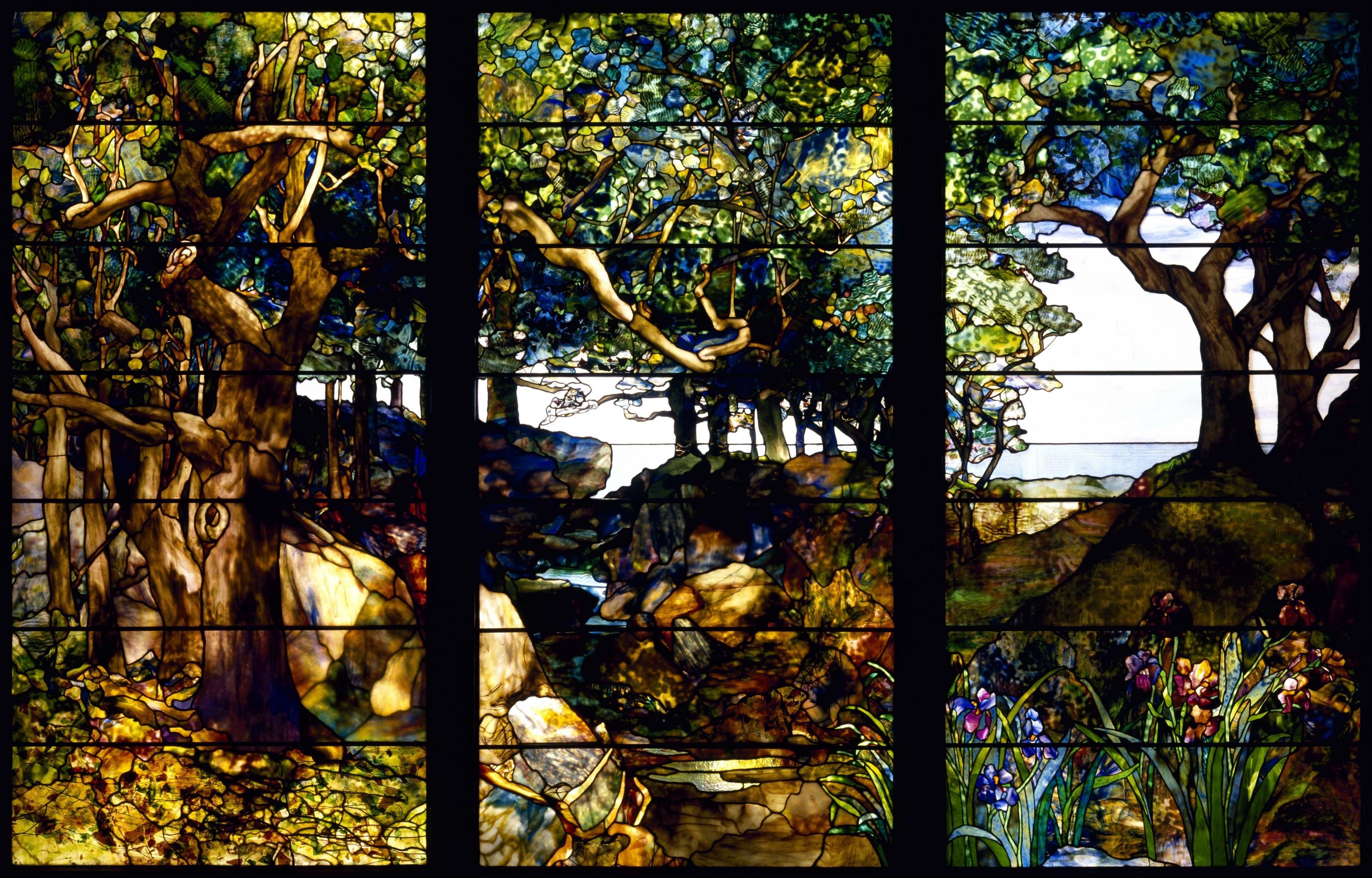 High Resolution Stained Glass Hd Wallpaper Id - Louis Comfort Tiffany A Wooded Landscape In Three Panels - HD Wallpaper 