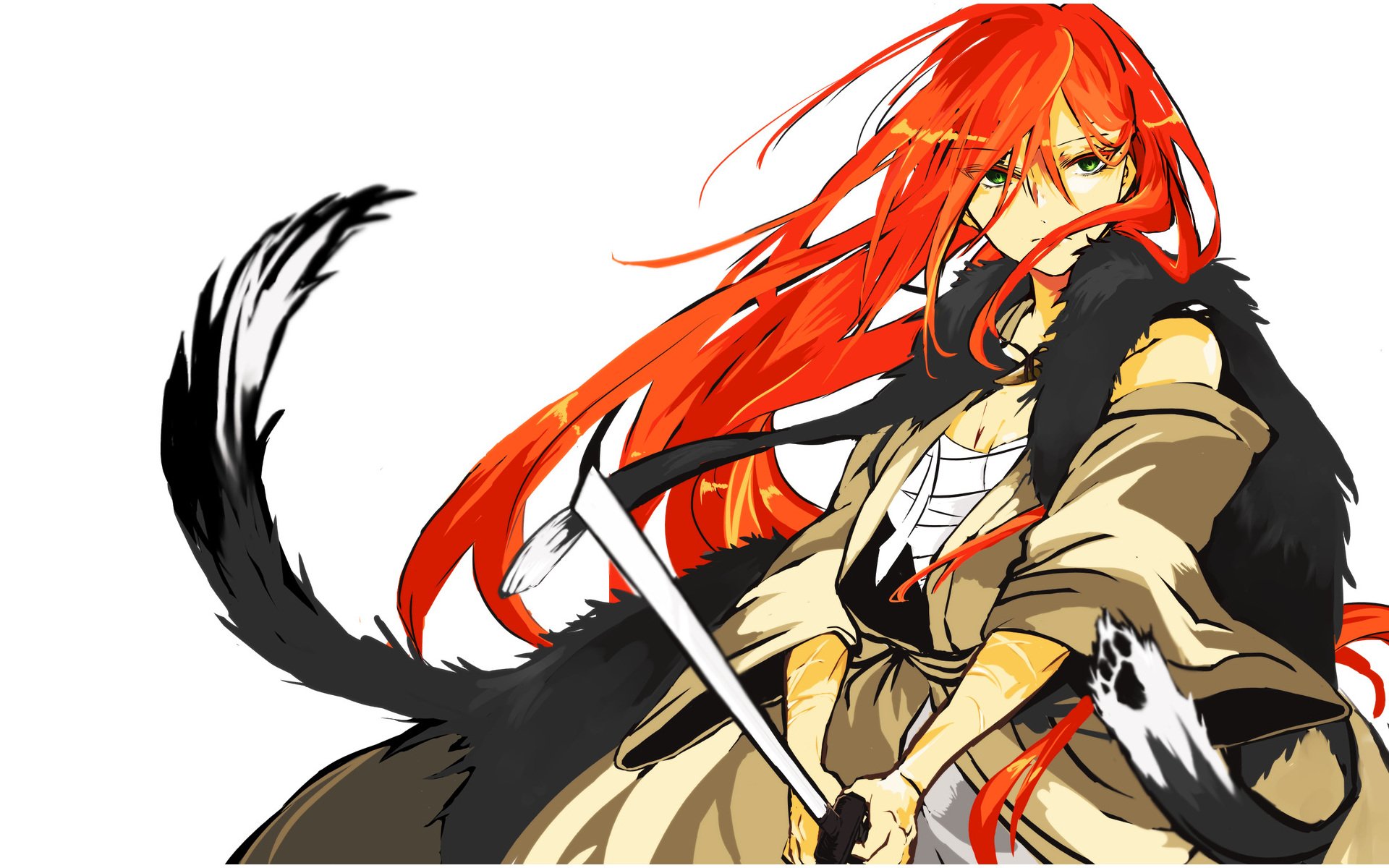 Anime Girl Red Hair With Katana - HD Wallpaper 