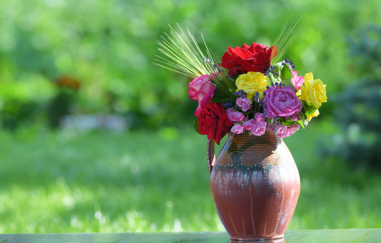 Photo Wallpaper Flowers, Nature, Roses, Bouquet, Spikelets, - Bouquet - HD Wallpaper 