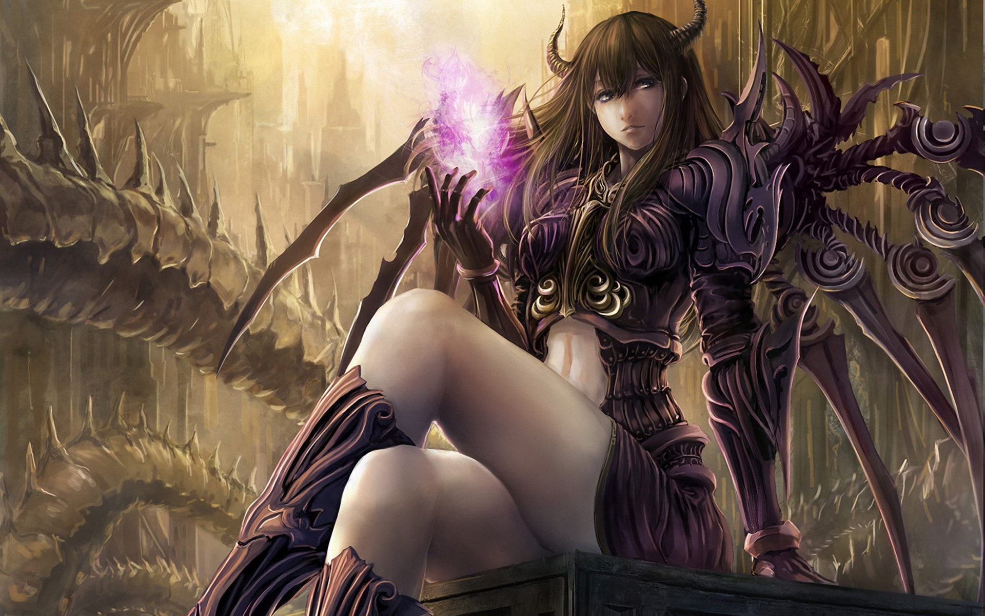 Art Wallpaper, Takakyo, Girl, Demon, Horns, Sitting, - Fantasy Magic Girl Art - HD Wallpaper 