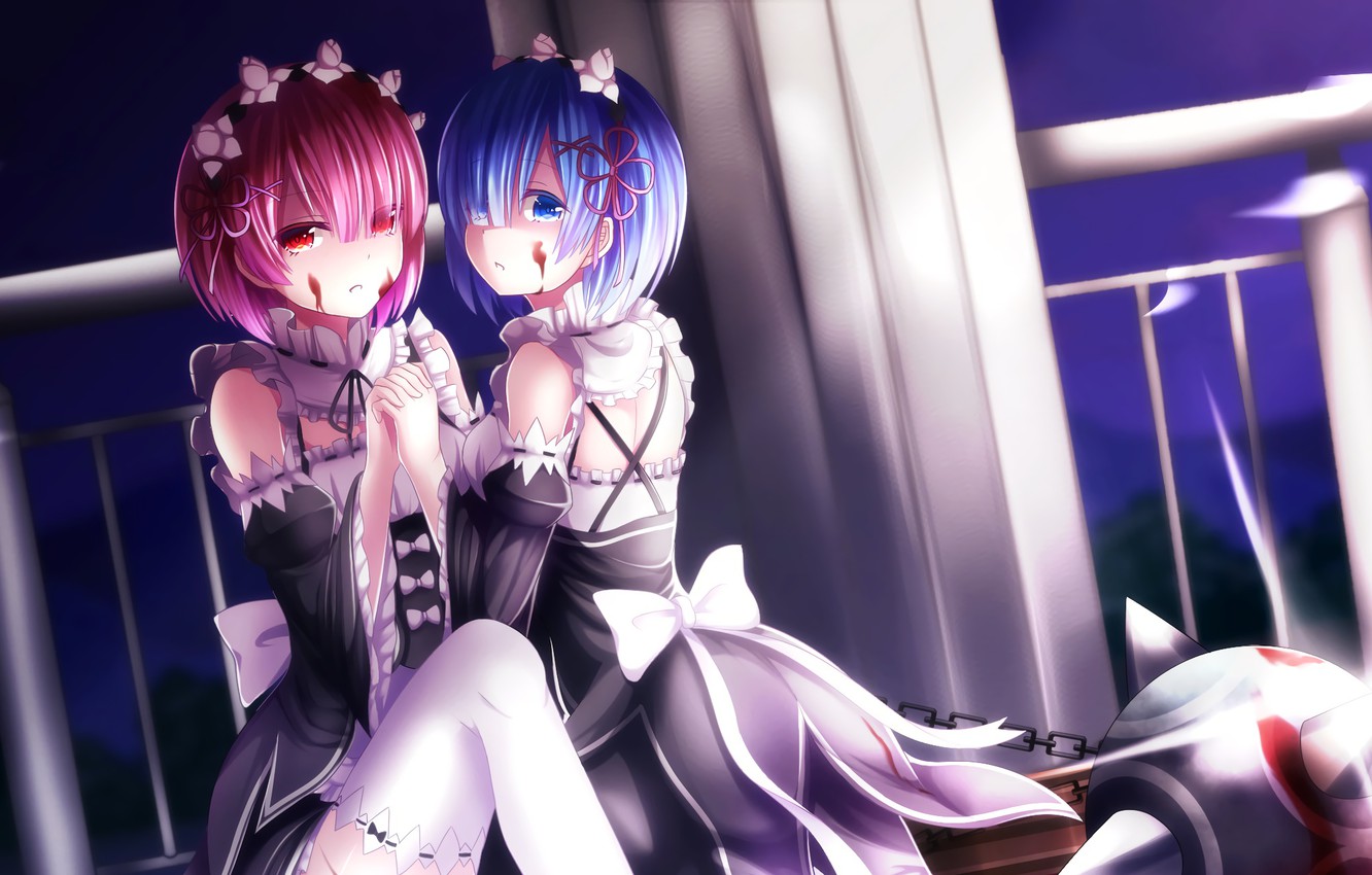 Photo Wallpaper Weapons, Girls, Blood, Demons, Anime, - Рем И Рам Обои - HD Wallpaper 