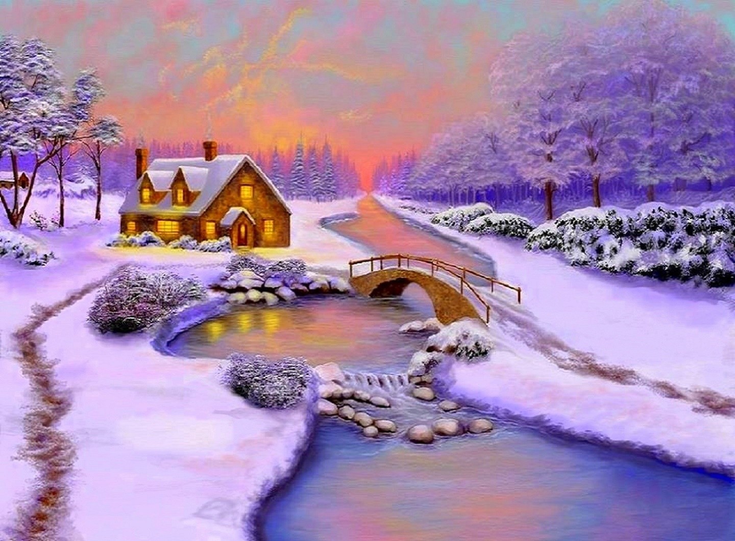 Winter Cottage Snowmas New Year Christmas Colors Bridges - Winter Cottage - HD Wallpaper 