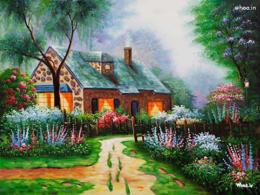 Painting Hd Wallpaper Of Nature - Natural Beauty House Scenery - HD Wallpaper 