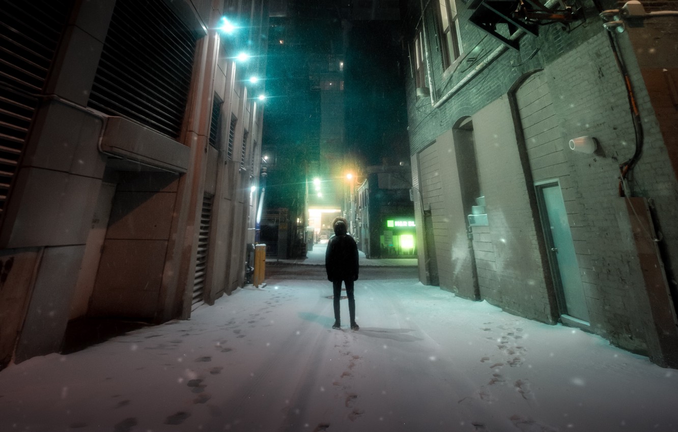 Photo Wallpaper City, Lights, Night, Snow, Man, Mood, - Alley - HD Wallpaper 