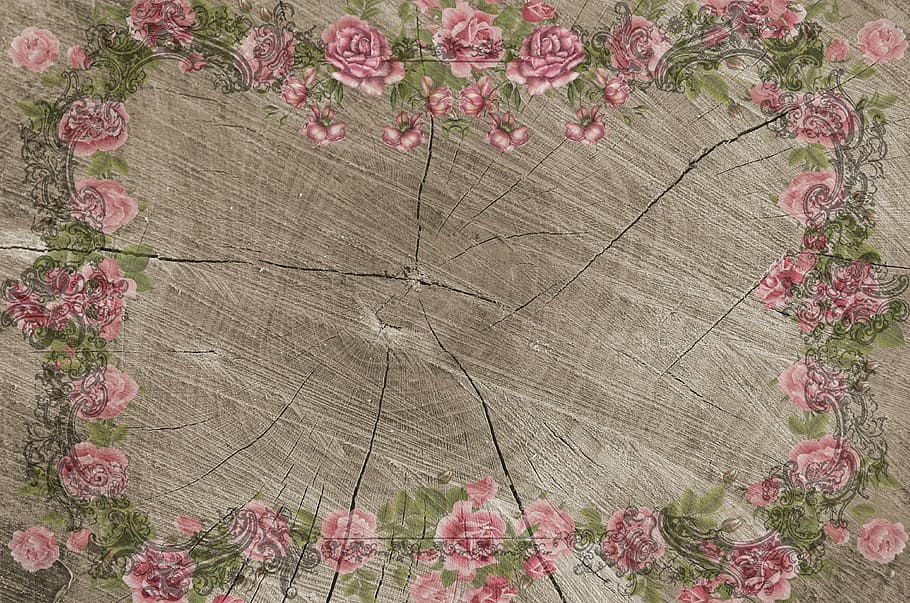 Pink And Green Roses Painted Wood Slab, On Wood, Vintage, - Country Chic Background - HD Wallpaper 