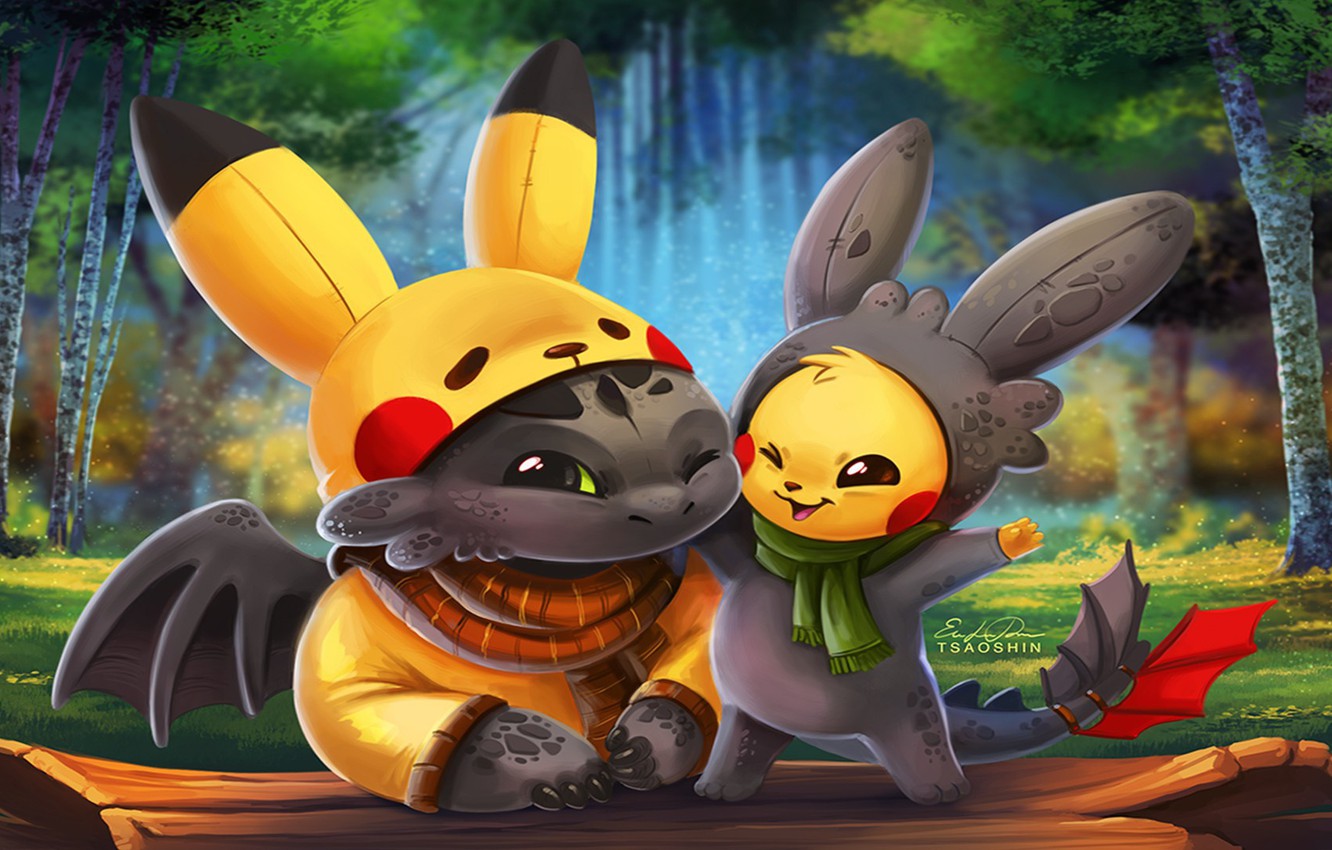 Wallpaper Kawaii Game Anime Cartoon Crossover Cosplay - Stitch Pikachu And Toothless - HD Wallpaper 