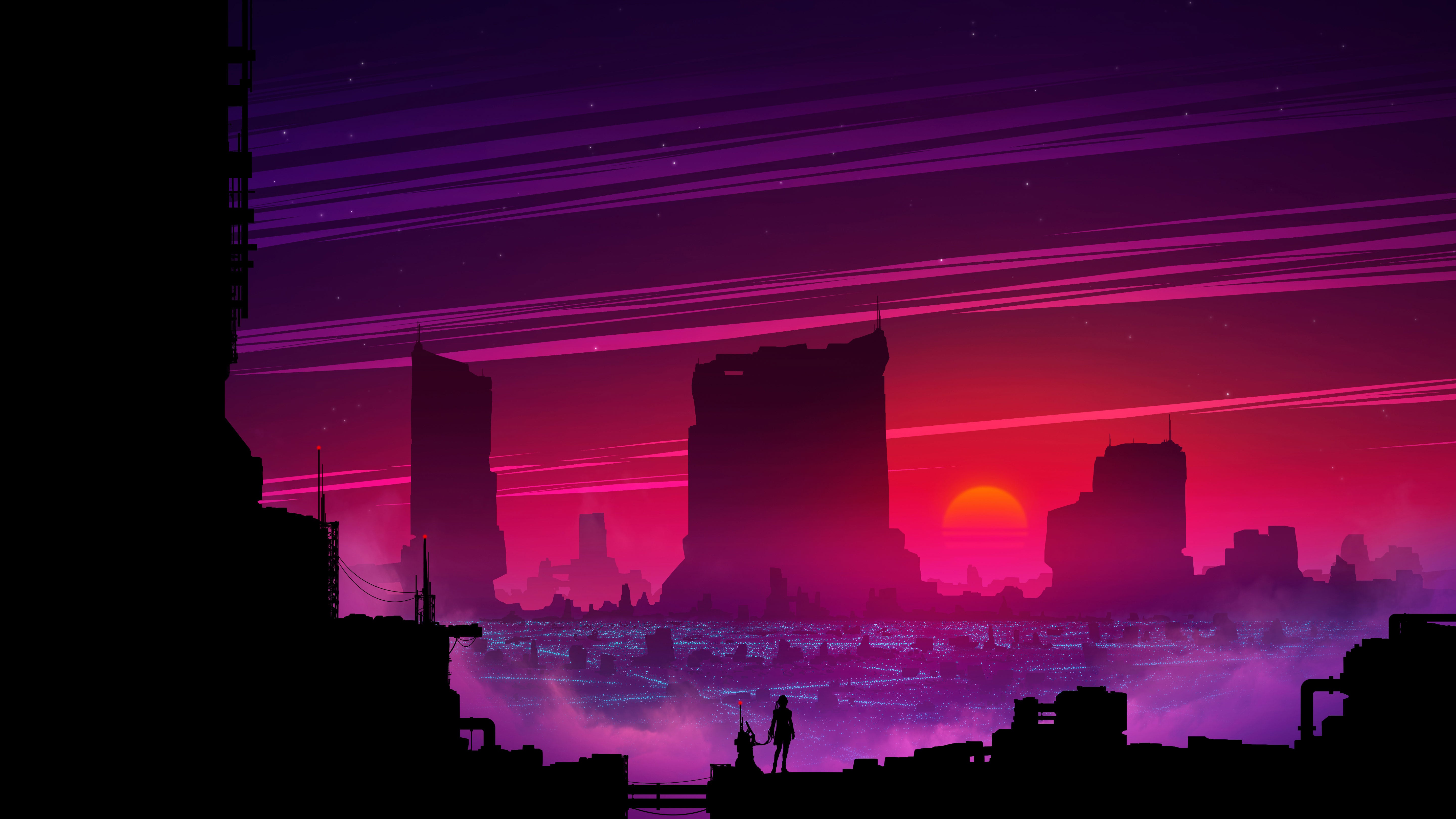 Future City Sunset Wallpaper - Synthwave Dark Wallpaper 4k - HD Wallpaper 