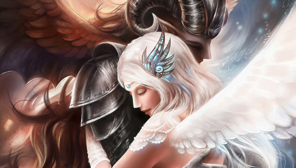 Guy, Art, Angel, Demon, Girl, Love, Hugs Desktop Background - Demon Guy And Angel Girl - HD Wallpaper 