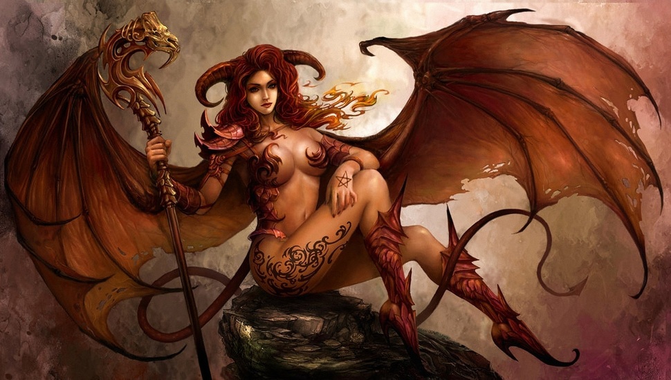 Wings, Horns, Art, Staff, The Demoness, The Demon, - Demon Girl With Wings - HD Wallpaper 