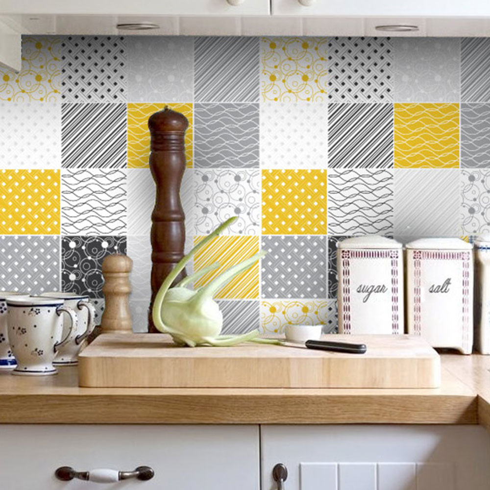 Tiles Stickers Yellow Gray - Yellow Grey Kitchen Backsplash - HD Wallpaper 