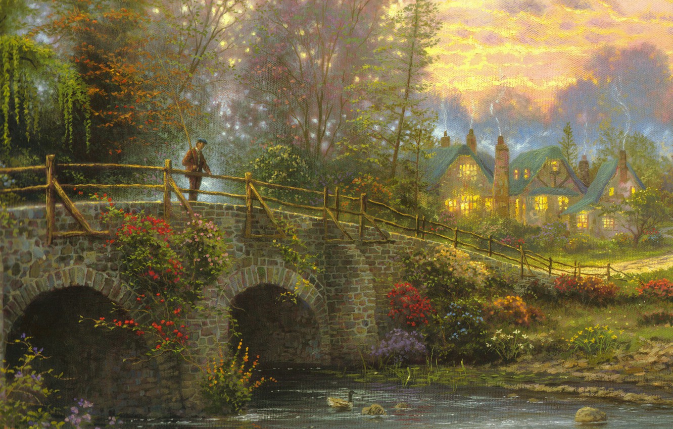 Photo Wallpaper Bridge, River, Home, Fisherman, The - Thomas Kinkade Cobblestone Evening - HD Wallpaper 