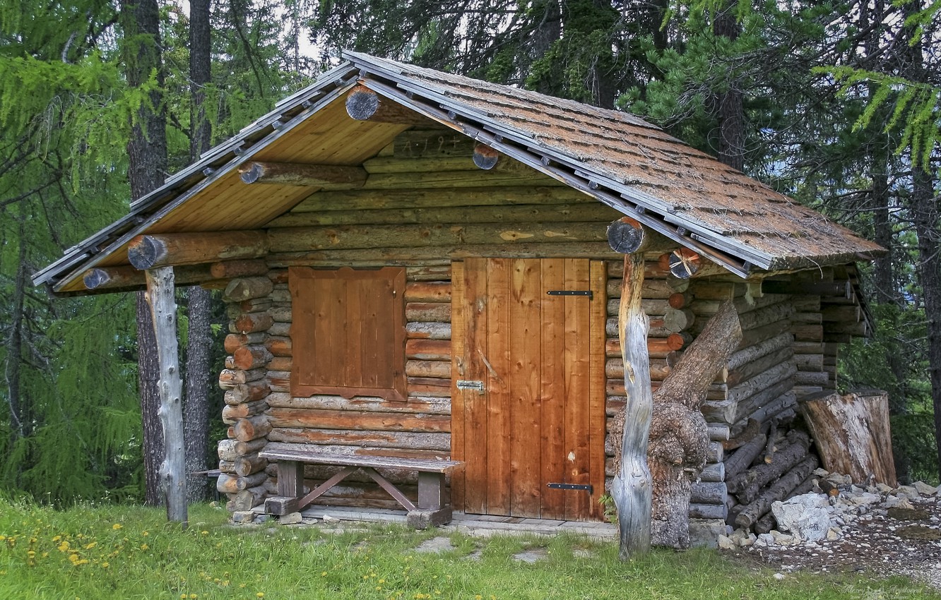 Photo Wallpaper Forest, Bench, Alps, Hut, Architecture, - Log Cabin - HD Wallpaper 