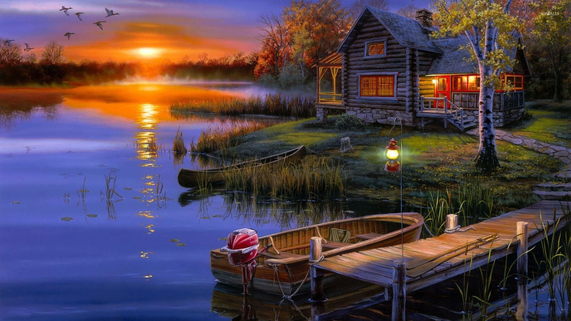 Autumn House Lake - HD Wallpaper 