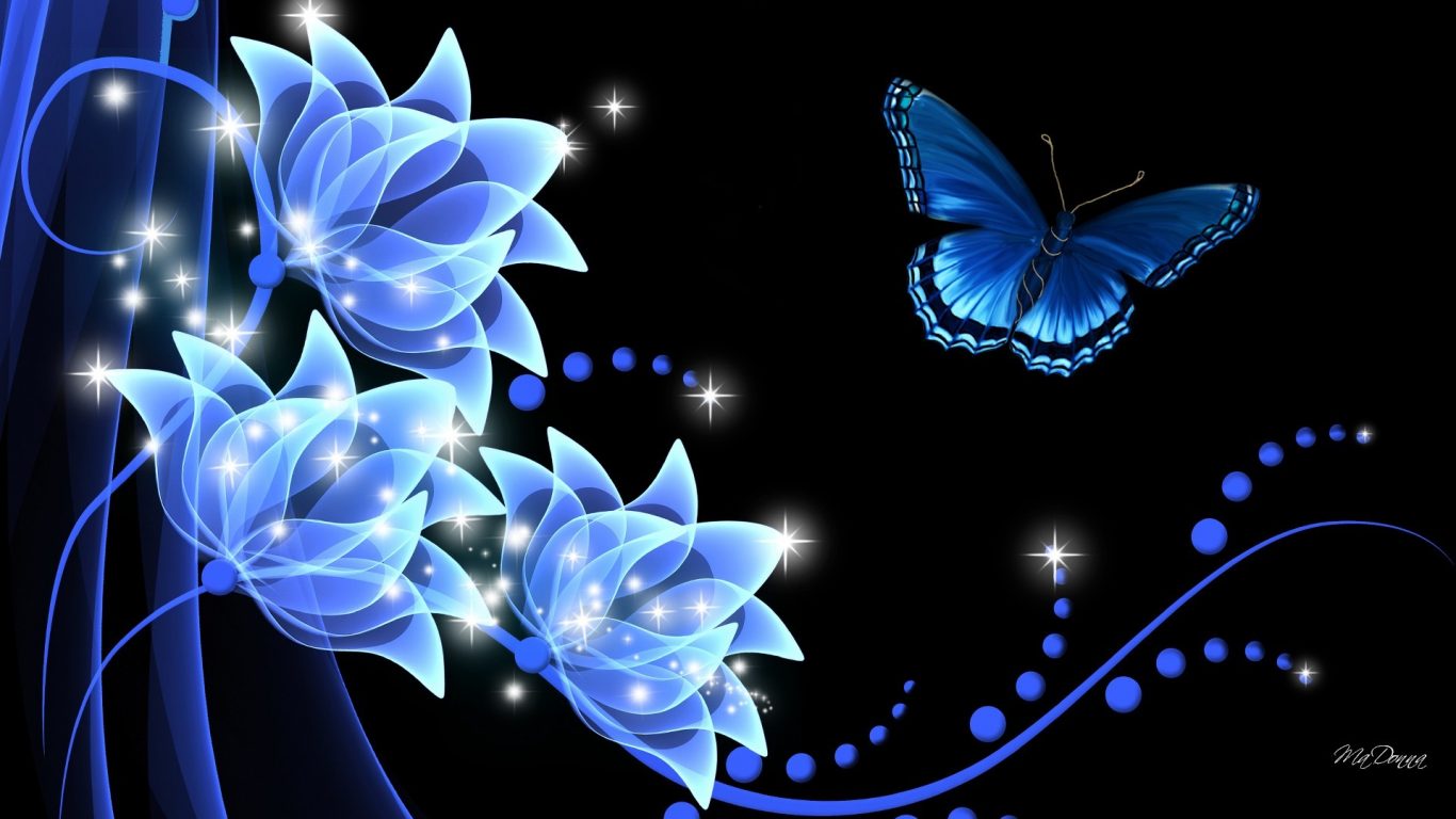 Rhapsody Butterfly Dark Glow Flowers Summer Flower - Background Dark Blue Butterfly - HD Wallpaper 