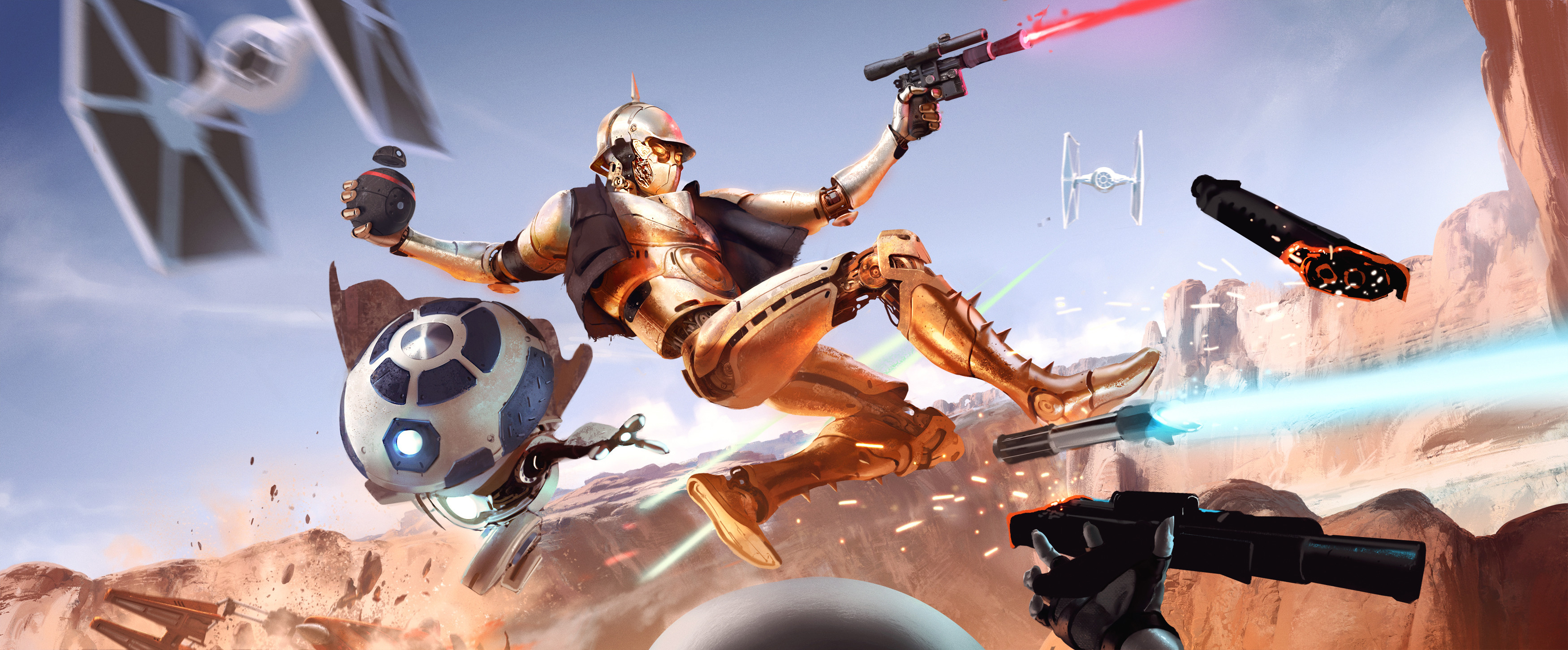 Sci Fi Star Wars C 3po R2 D2 Tie Fighter Wallpaper - Star Wars Droid Fanart - HD Wallpaper 