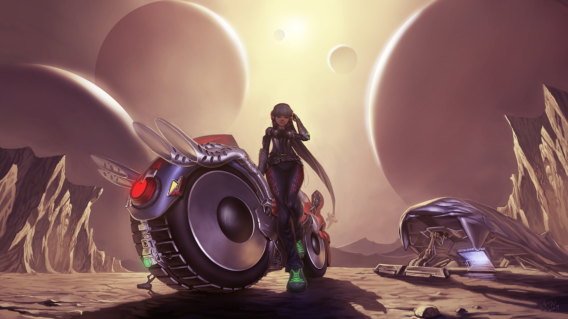 Wallpaper Motorcycle Blonde Girl Alien Planet - Concept Art Spaceship Fantasy Art - HD Wallpaper 