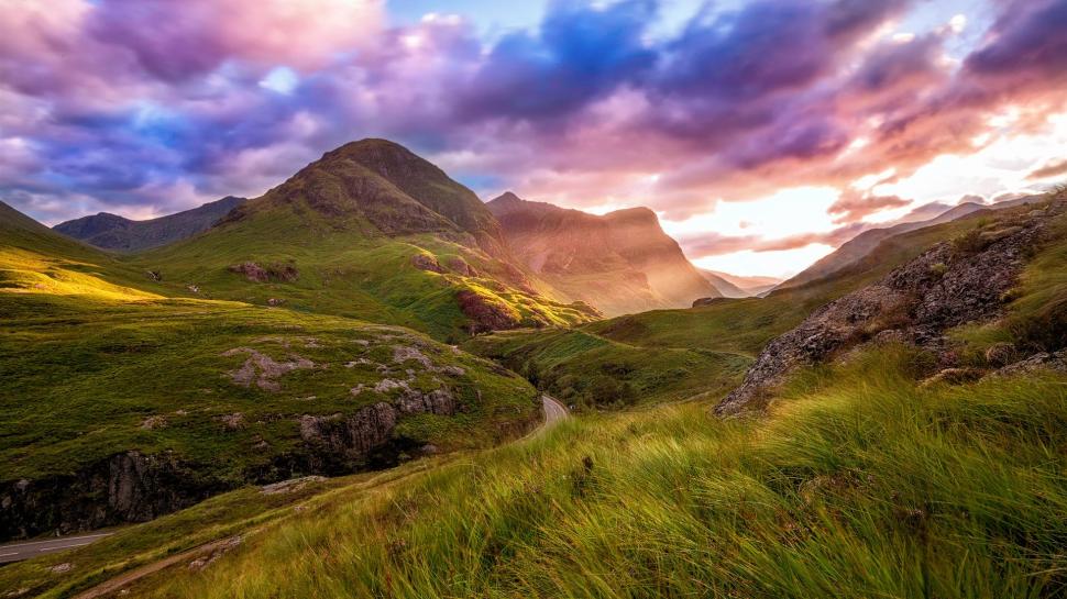 Scotland, Highland Valley, Mountain, Road, Clouds, - HD Wallpaper 