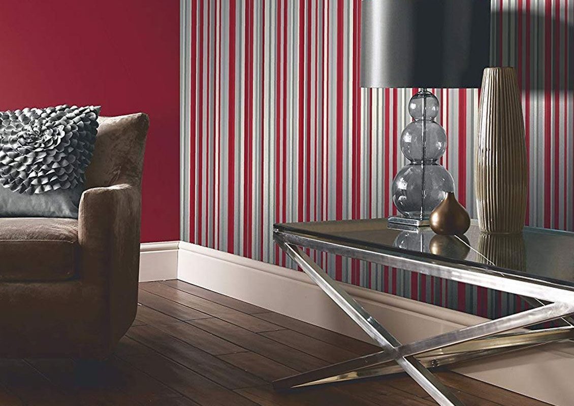 Sophia Stripe Wallpaper Red White Metallic Silver Striped - Paredes Pintadas Rayas Verticales - HD Wallpaper 