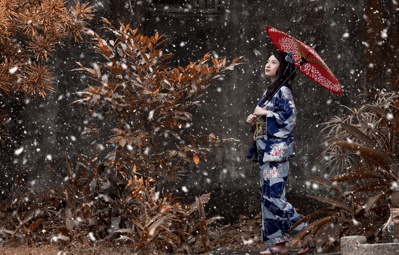 Photo Wallpaper Girl, Snow, Umbrella, Mood, Japanese, - Asian Girl Snow - HD Wallpaper 