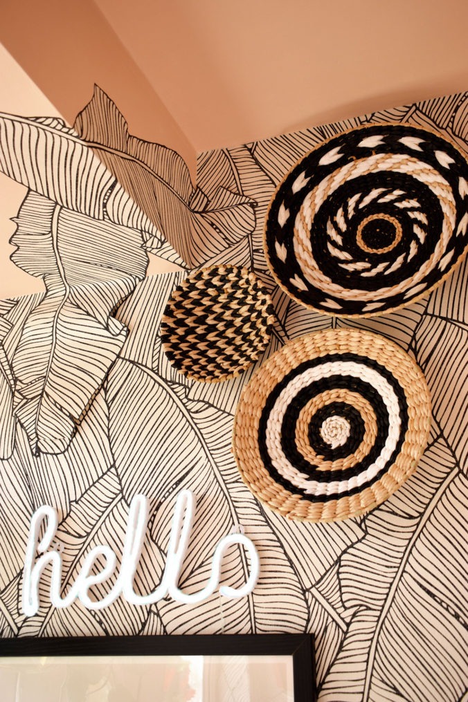 Palm Wallpaper And Peach Painted Ceiling With Led Hello - Spiral - HD Wallpaper 