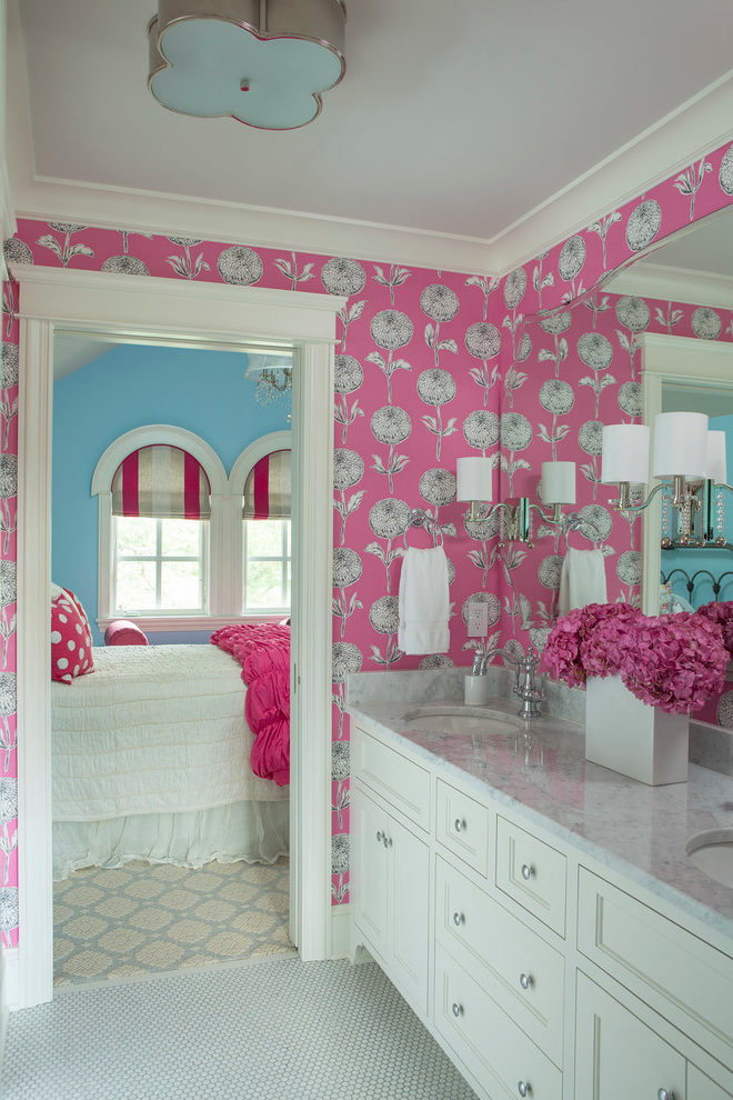 Best Vanity Bathroom Transitional Tile Floor And Striped - Interior Design - HD Wallpaper 