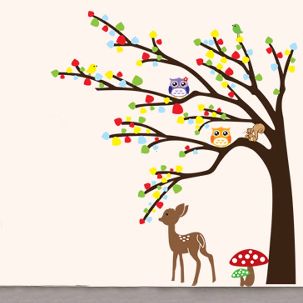 Cartoon Cute Animal Deer Owl Tree Mushroom Diy Wall - Cute Tree Animal Cartoon - HD Wallpaper 